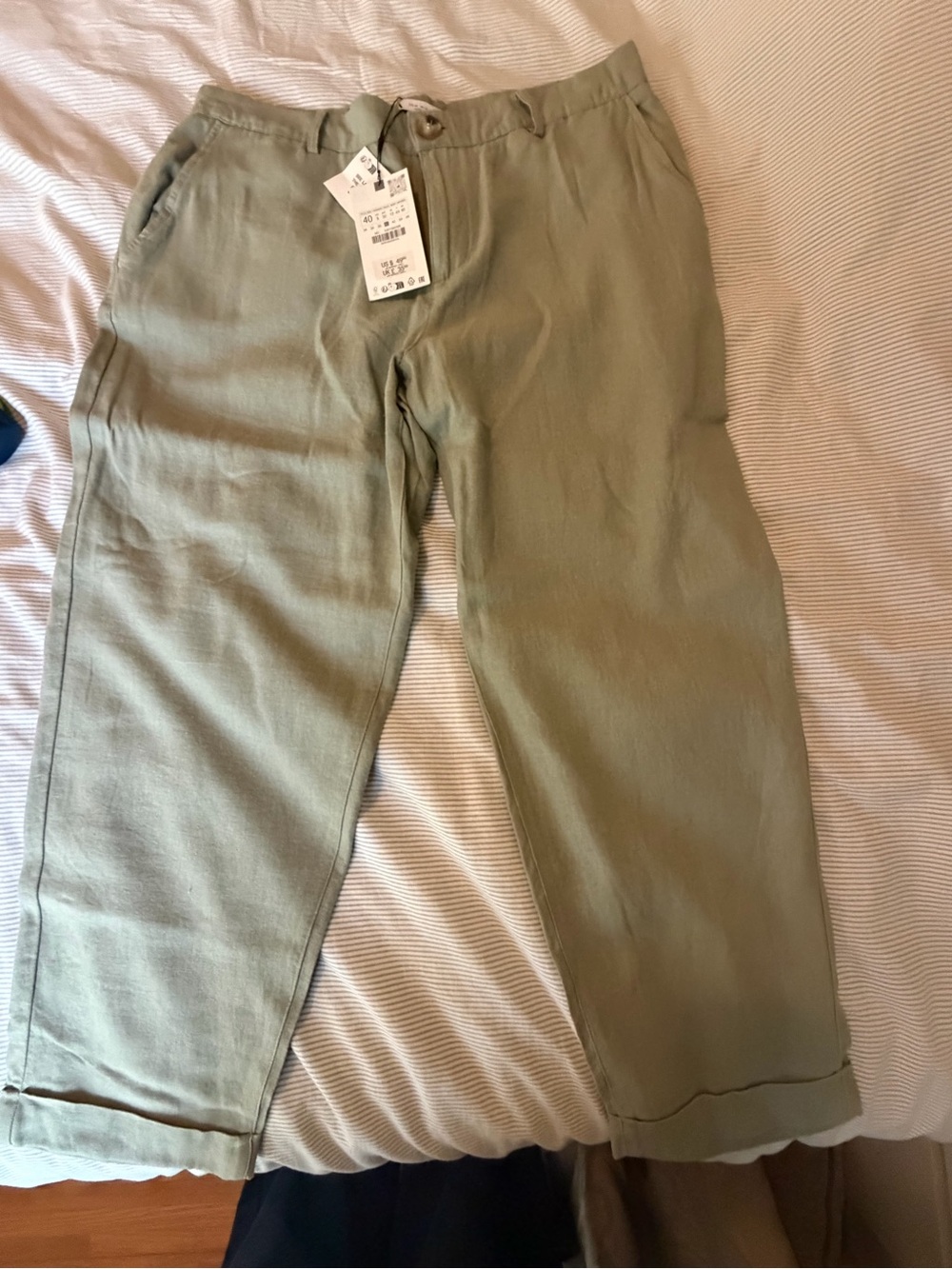 Zara Olive Green High-Waist Linen-Blend Trousers